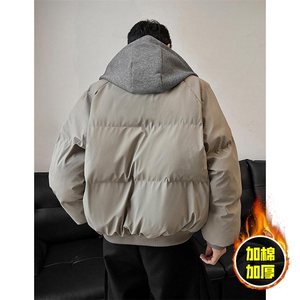 现货高品质重磅工艺美式高街假两件PU皮棉衣男女加厚棉服外套图片