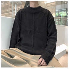 秋款男圆领套头毛衣条纹破洞针织衫外套M6003P50，男装针织衫/毛衣，星座1013-1