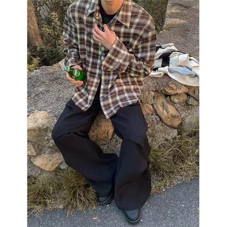春秋新款下摆流苏破坏衬衣男女经典基础翻领复古格子衬衫外套上衣,男装衬衫,星座516A