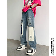 B221美式ins高街小众个性拼接宽松破洞牛仔裤LK23099-P65控88，男装牛仔裤，电商B221
