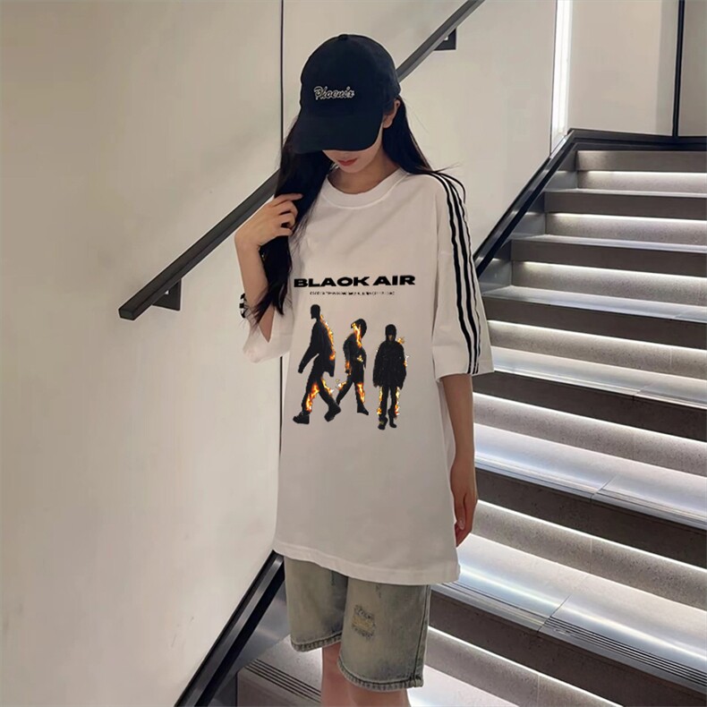 抖音得物高品质二开240克宽松纯棉美式潮牌三条杠织带短袖T恤,男装T恤,电商A486-1