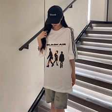 抖音得物高品质二开240克宽松纯棉美式潮牌三条杠织带短袖T恤，男装T恤，电商A486-1