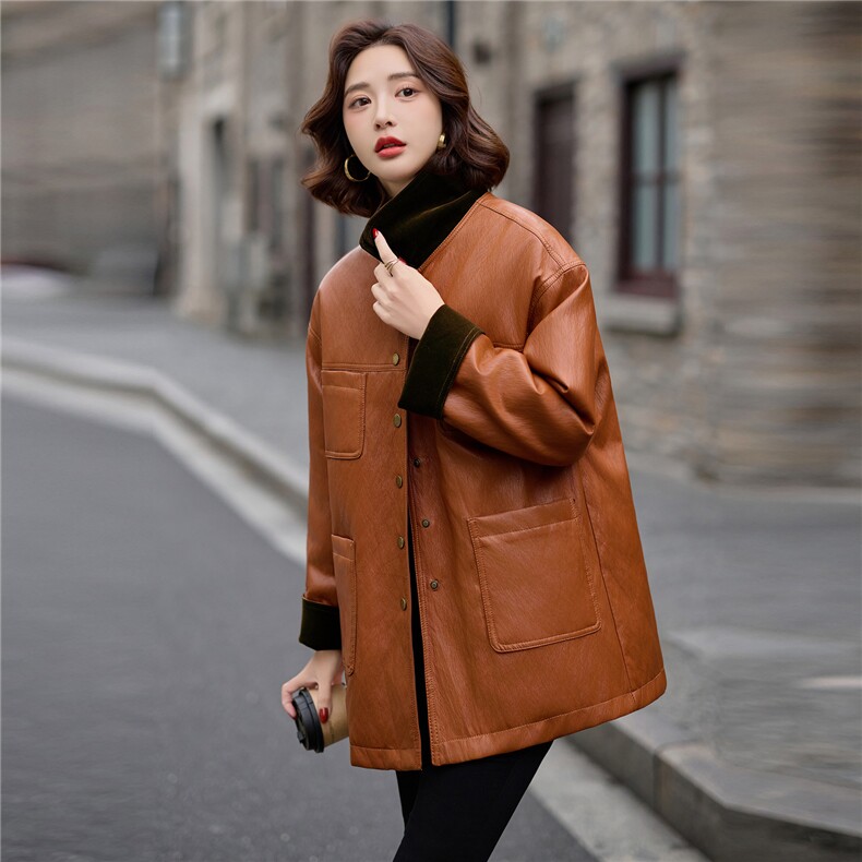 欧版宽松显瘦中长款羽绒皮衣女冬季款设计感口袋PU皮白鸭绒羽绒服，女装皮衣，美拉德工厂直营店