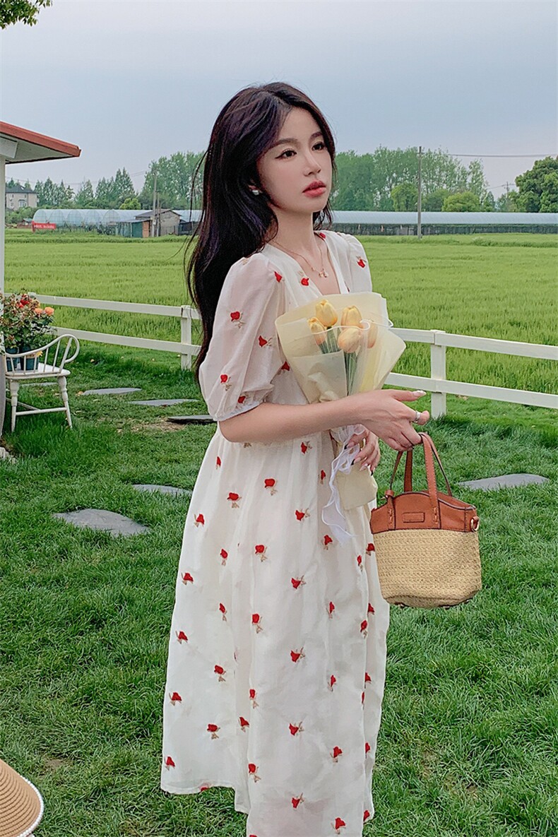 孕妇装夏装大码上衣中长款夏天裙子高级感时尚V领刺绣雪纺连衣裙,女装连衣裙,欣美人