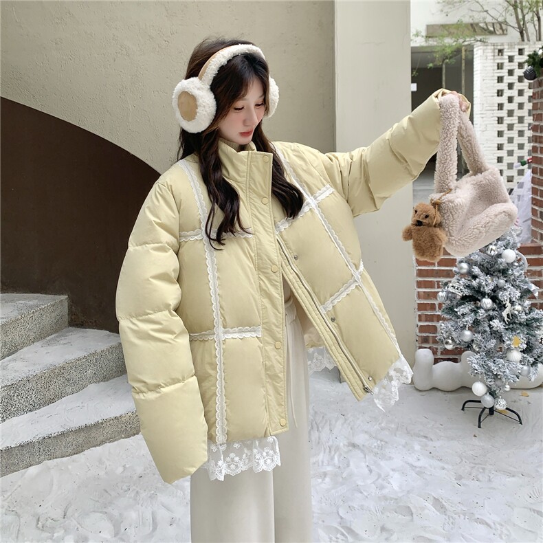 奶黄色蕾丝花边羽绒服女2025冬季新款韩系超好看加厚90白鸭绒外套,女装羽绒服,2C056