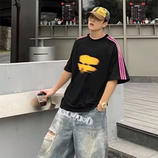 抖音得物品质二开240克宽松纯棉美式潮牌印花三条杠中性风短袖T恤，男装T恤，电商A486-1