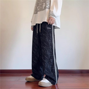 条纹灯芯绒裤子男春秋季宽松直筒阔腿运动裤潮牌美式重磅休闲长裤图片