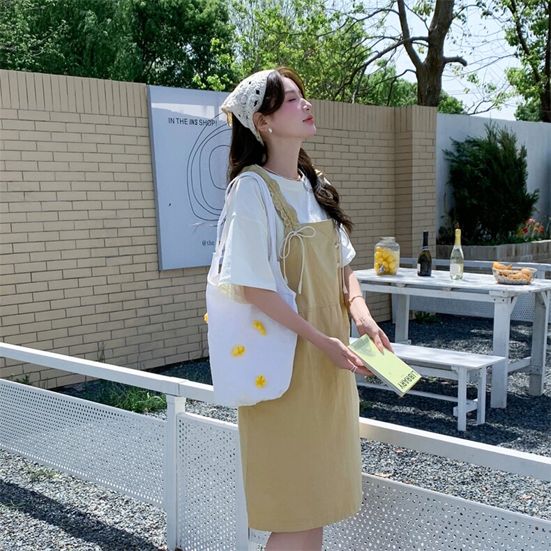 韩系学院风背带裙T恤两件套女夏宽松减龄套装223-1356P145K198,女装套装/套裙,莘蕾