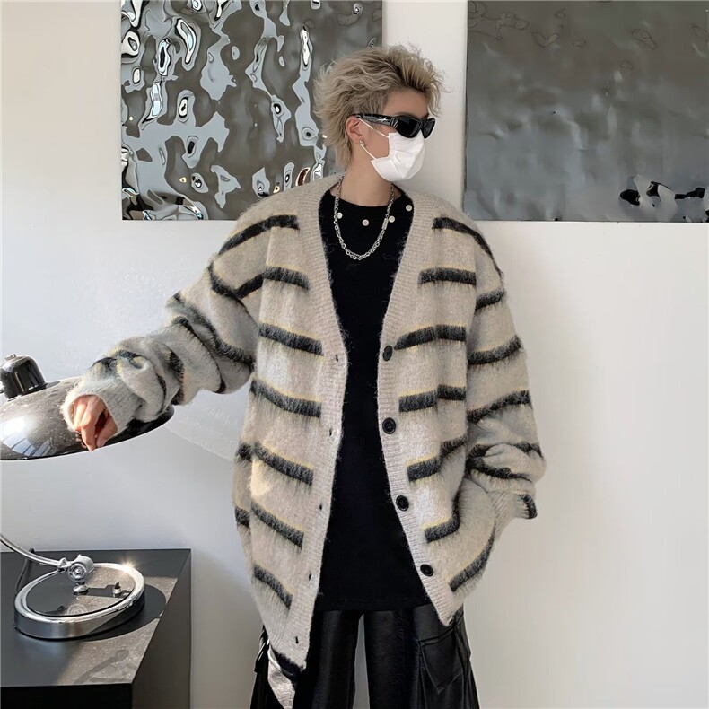 秋季开衫毛衣男撞色条纹慵懒风休闲宽松情侣针织衫外套潮,男装针织衫/毛衣,星座716-4