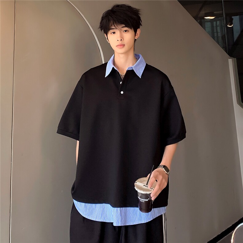 青春潮牌创意高级舒适男女同款港风假两件POLO衫短袖T601-P48,男装Polo衫,电商C307