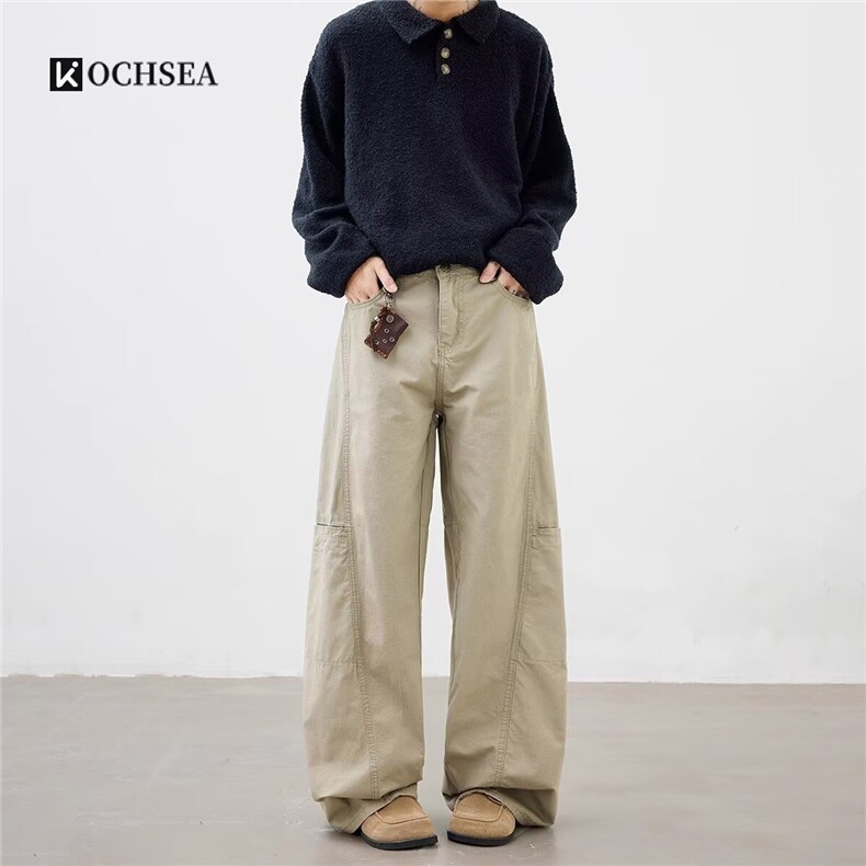 美式复古阔腿弯刀裤女2025年新款设计感卡其色高腰直筒拖地牛仔裤，男装牛仔裤，星座506A