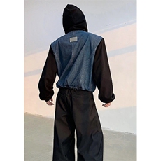 牛仔拼接短款垫肩外套男春秋hiphop美式痞帅宽松连帽夹克JA165，男装夹克，星座1116A（原606A-3）
