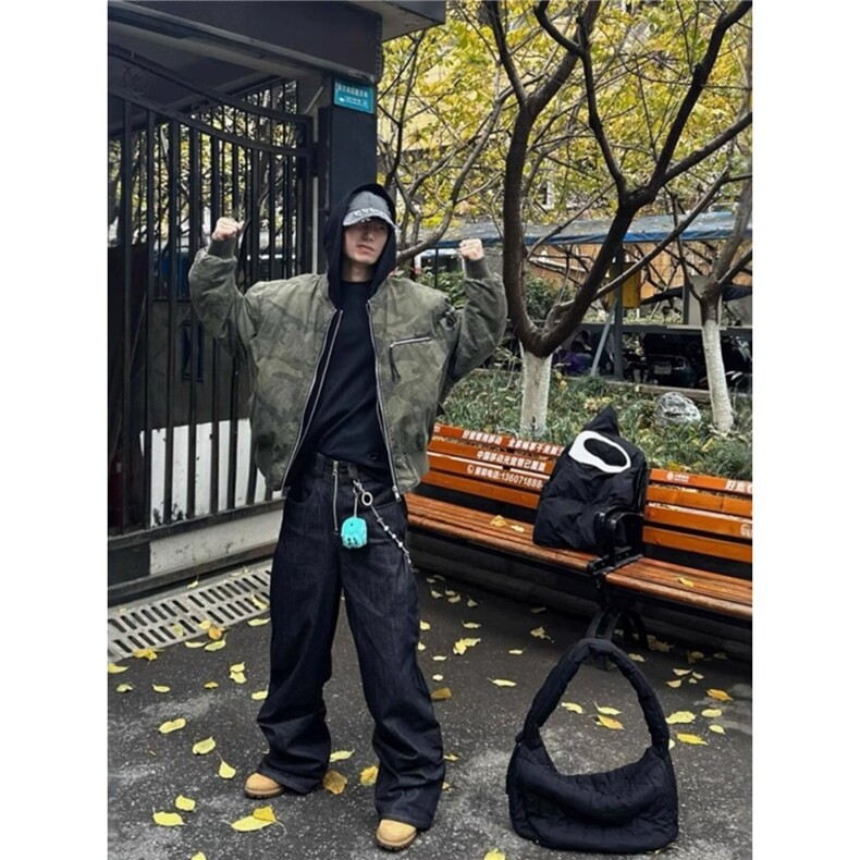 美式复古迷彩假两件bomber飞行夹克男秋冬高街短款连帽棒球服外套，男装夹克，星座506A