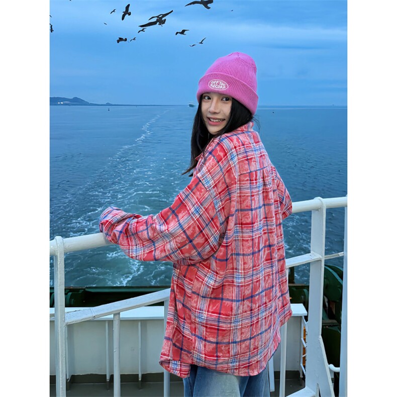 网图扎染刺绣格子衬衫男女秋季宽松慵懒风格纹衬衣外套特P43,男装衬衫,电商C306-1