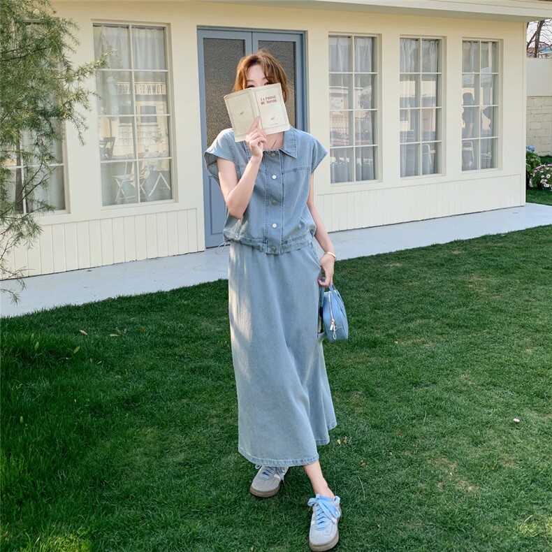 浅蓝色复古牛仔套装裙女2025夏季一整套ootd穿搭减龄半身裙两件套,女装套装/套裙,2C159