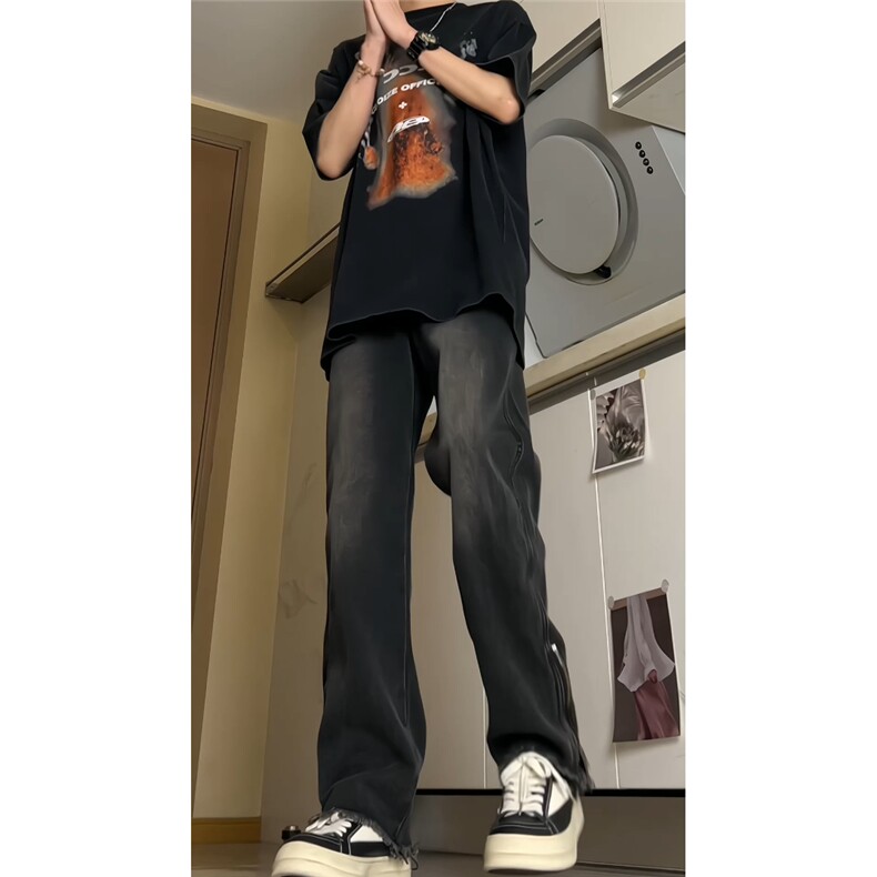 美式水洗做旧牛仔裤男宽松直筒拉链开叉微喇,男装牛仔裤,电商B329