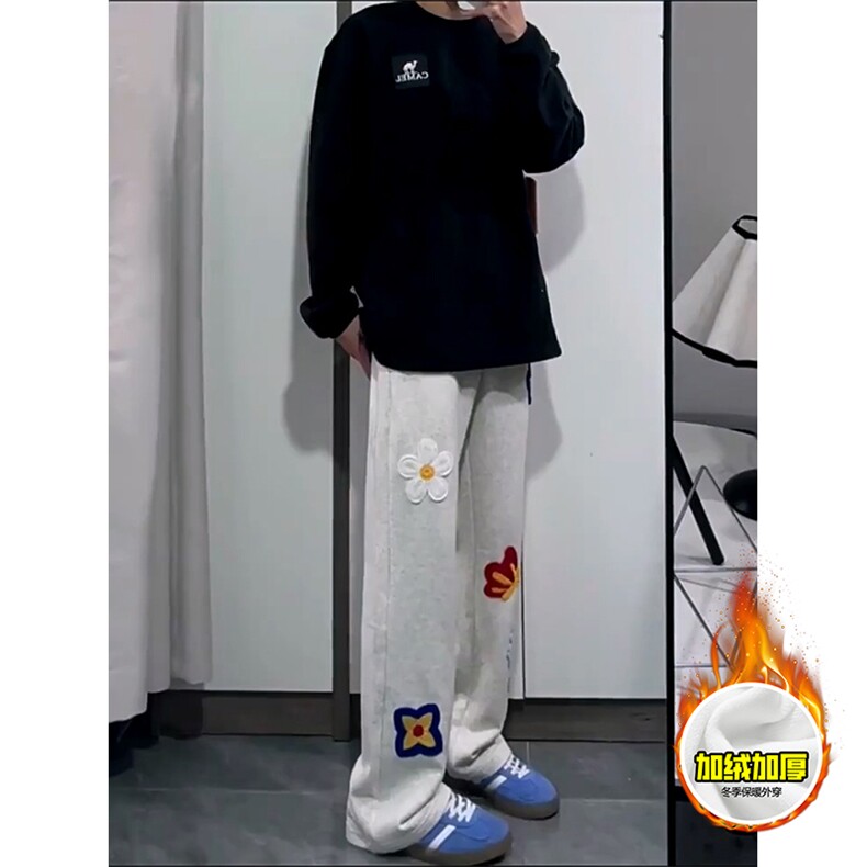 抖音得物高品质秋冬季重磅花卉刺绣潮流运动宽松加绒直筒休闲卫裤,男装休闲裤,电商A486
