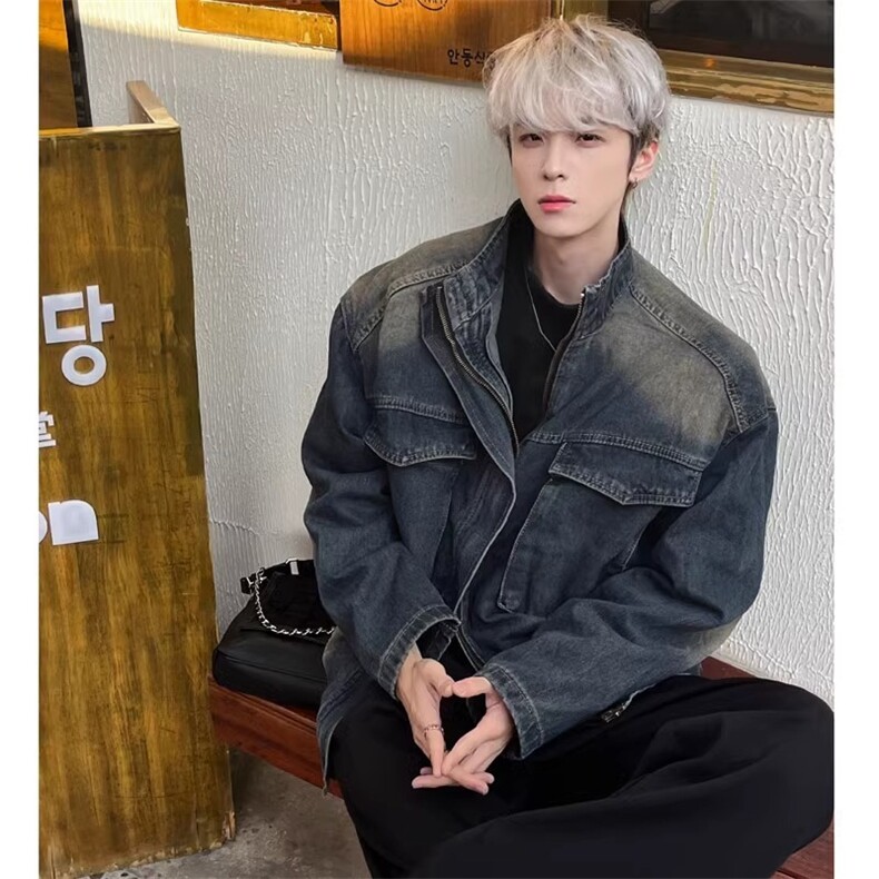 大口袋设计水洗渐变做旧牛仔夹克男宽松oversize立领外套J88676,男装夹克,星座1116A（原606A-3）