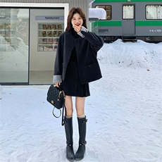 灰色小香风毛呢羽绒服半身裙套装，女装套装/套裙，纯色衣恋