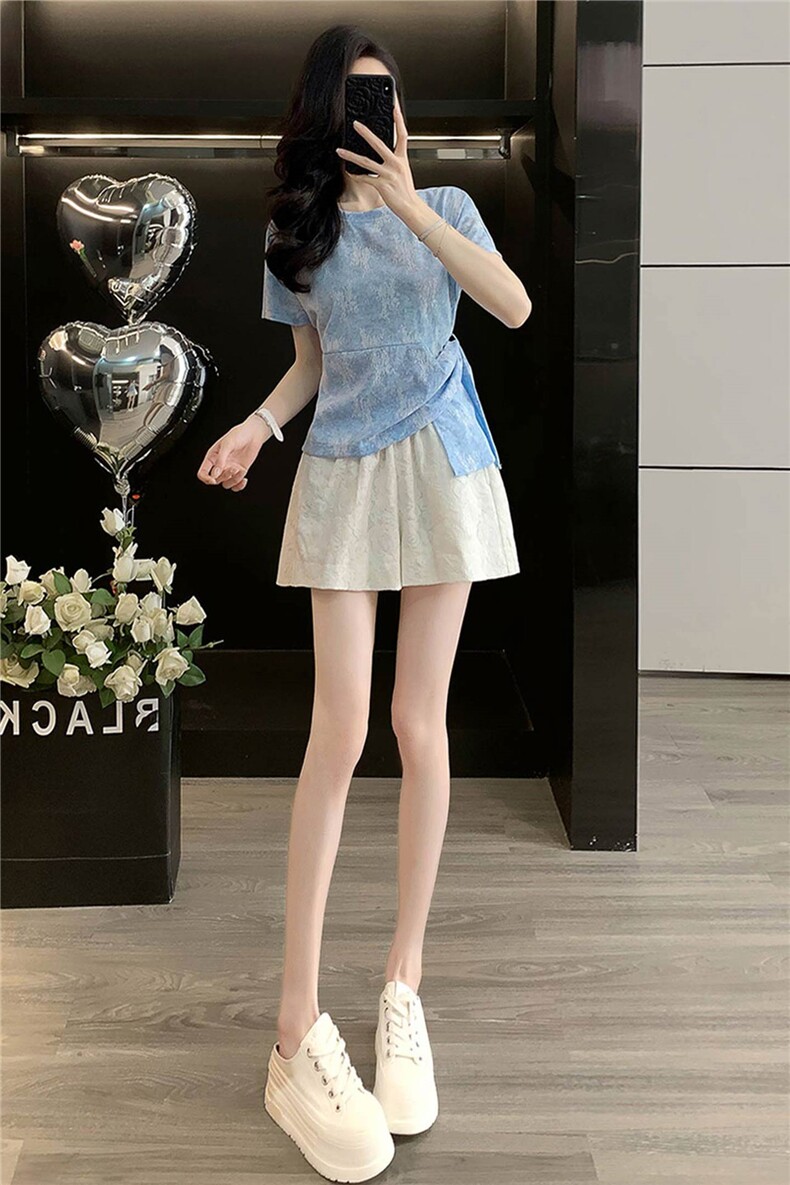 韩版时尚休闲套装女夏季款圆领独特侧绑带晕染短袖蕾丝短裤两件套,女装套装/套裙,江南