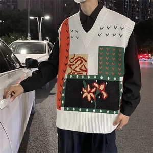 毛衣马甲男港风ins复古绣花V领针织衫春秋季韩版潮流外穿坎肩背心图片