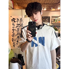 夏季美式高街重磅纯棉三条杠织带撞色男女短袖T恤ZD332-特P30，男装T恤，电商A486