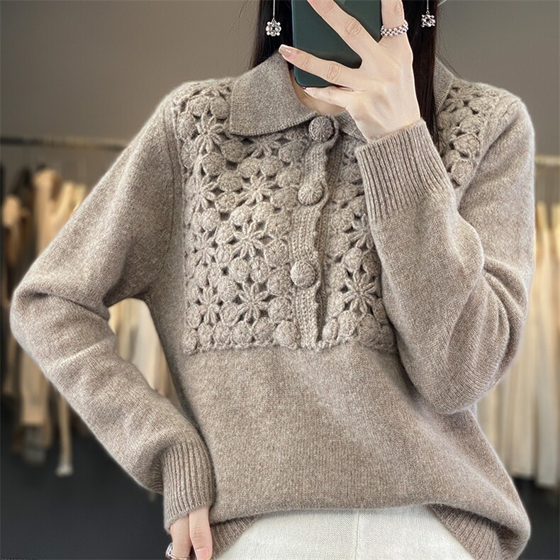 100%羊绒衫连衣裙女polo领钩花中长款套头针织毛衣秋冬羊毛打底衫，女装羊毛衫，北娇羊绒
