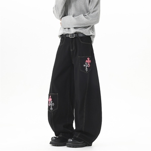 Amoeba美式复古阔腿弯刀牛仔裤男女宽松百搭十字架刺绣多口袋长裤图片