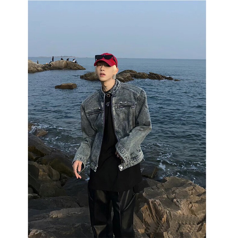 小众美式复古水洗短款牛仔外套男秋设计感垫肩夹克JK112-P90,男装工装外套,星座1109-4