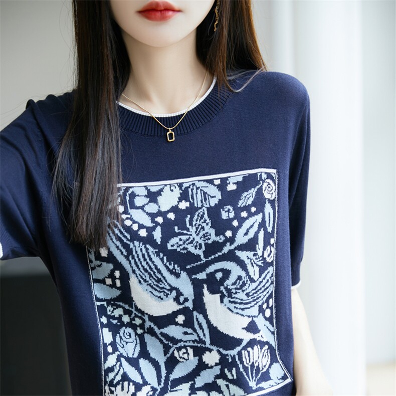 25夏季新品拼色圆领莱赛尔天丝针织五分袖上衣宽松短袖T恤打底衫,针织衫/毛衣,暖烁特种纱工厂店