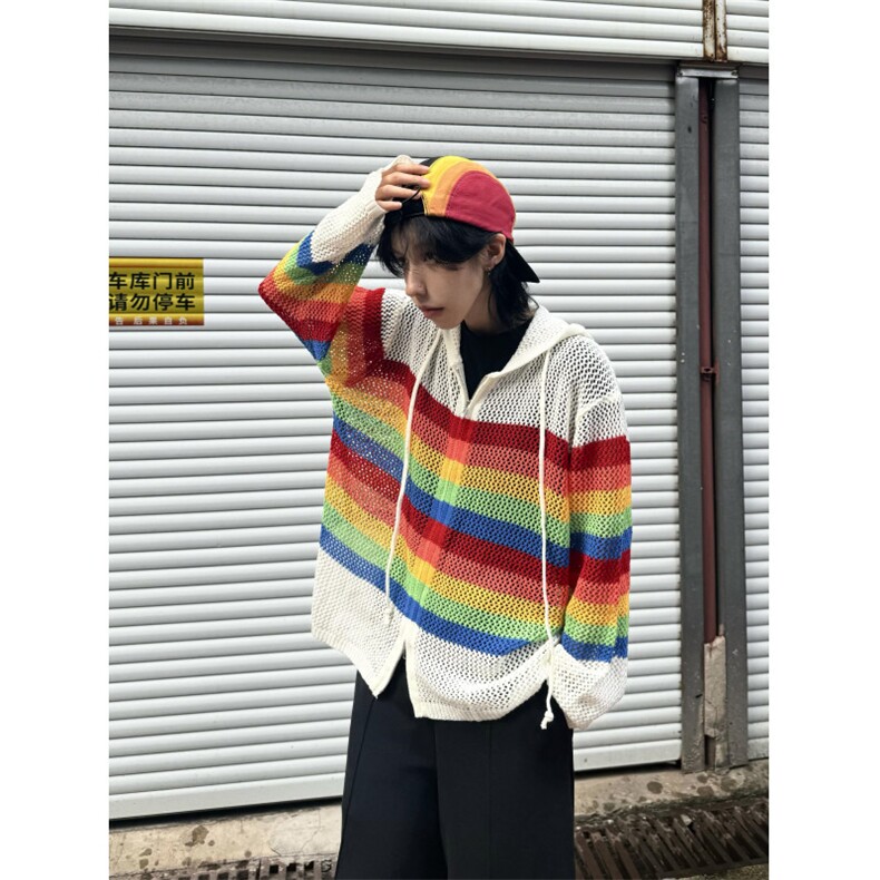 【有货】彩虹镂空连帽针织开衫男女罩衫情侣衬衫外套2401CC-特P48,男装衬衫,星座1007（原301D）