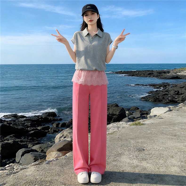 女夏季新款欧韩时尚休闲运动套装蕾丝拼接短袖高腰阔腿长裤两件套，女装套装/套裙，江南