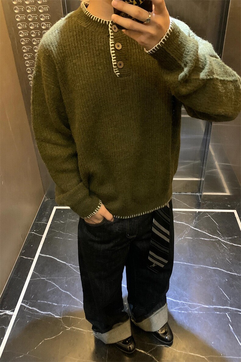[有货]绿色慵懒亨利领毛衣复古针织衫MY363特P59,男装针织衫/毛衣,星座908-1