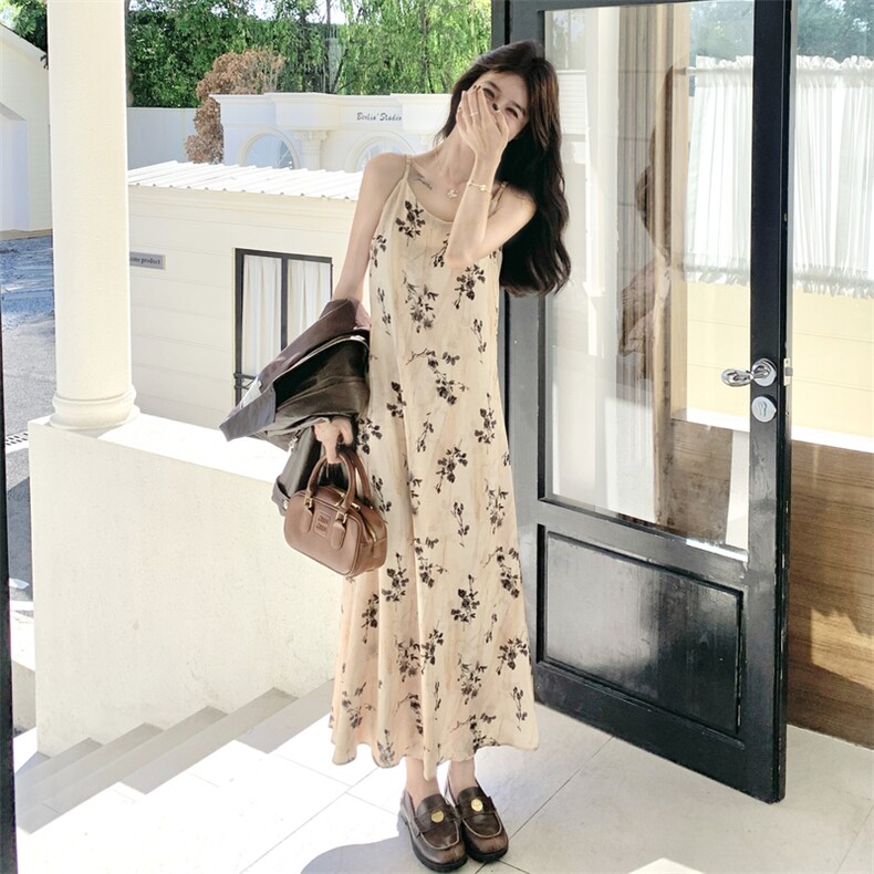 美拉德气质套装女2025秋季新款复古皮衣外套碎花吊带连衣裙两件套,女装套装/套裙,2D014