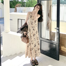 美拉德气质套装女2025秋季新款复古皮衣外套碎花吊带连衣裙两件套，女装套装/套裙，2D014