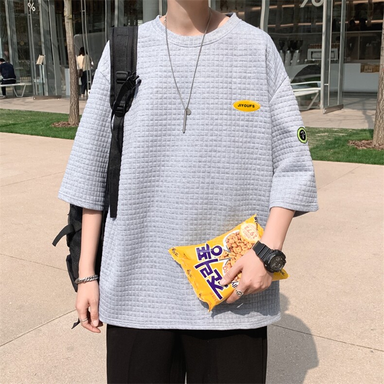 潮牌ins潮流百搭华夫格宽松夏季纯色上衣新款短袖t恤T227-P22,男装T恤,星座512-2