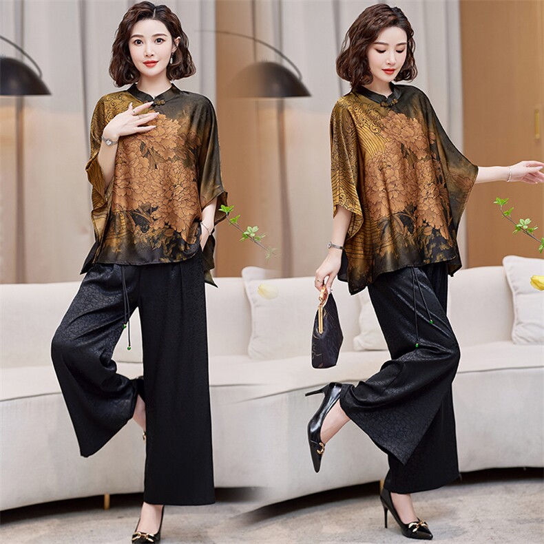 妈妈装新款印花宽松大码气质夏显瘦洋气中袖蝙蝠衫阔腿裤两件套女，女装套装/套裙，缘衣格