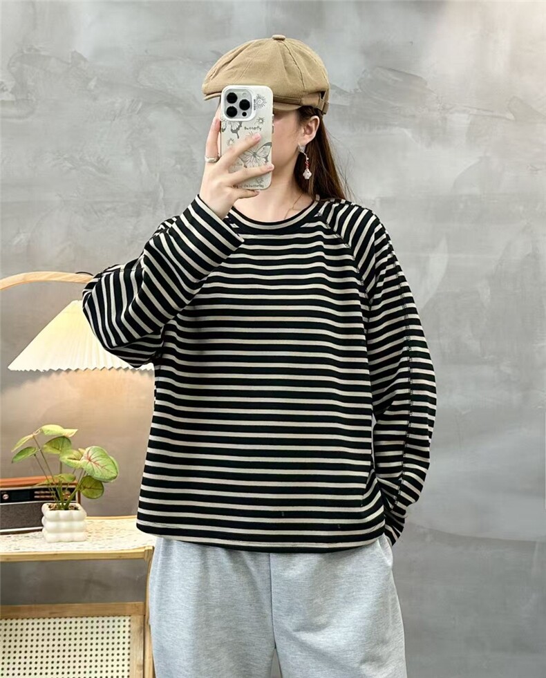2025秋冬百搭:插肩袖条纹拼接长袖，女装T恤，湘姗