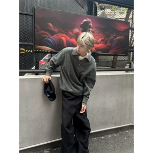 重磅北极绒假两件衬衫领毛衣美式高街复古休闲慵懒纯色翻领针织衫图片