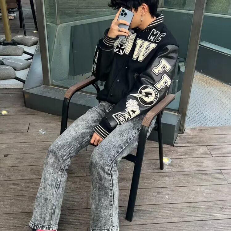 欧美复古高街头潮牌黑骷髅刺绣棒球服男女嘻哈夹克炸街情侣外套,男装夹克,星座218-8