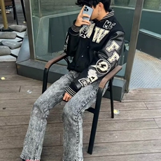欧美复古高街头潮牌黑骷髅刺绣棒球服男女嘻哈夹克炸街情侣外套，男装夹克，星座218-8