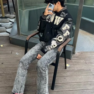 欧美复古高街头潮牌黑骷髅刺绣棒球服男女嘻哈夹克炸街情侣外套图片