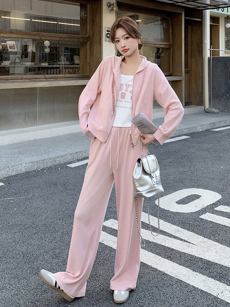 粉色慵懒风连帽休闲卫衣套装女春季2025年新款减龄阔腿长裤两件套,女装套装/套裙,蝶眷