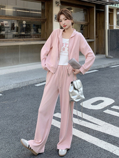 粉色慵懒风连帽休闲卫衣套装女春季2025年新款减龄阔腿长裤两件套，女装套装/套裙，蝶眷