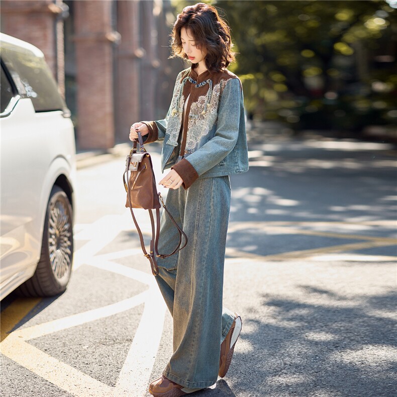 牛仔套装女2025秋季新款chic高级感大方得体新中式国风休闲两件套,女装套装/套裙,欣品汇