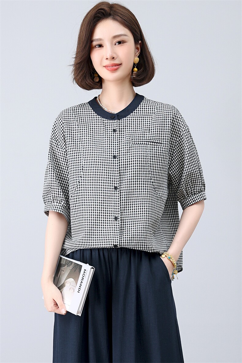 小个子格子圆领衫女夏季韩版休闲宽松年轻款妈妈薄款衬衫上衣潮,女装衬衫,江忆布依