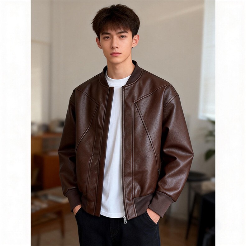 抖音得物高品质美式高街复古老钱风PU皮夹克外套男女短款机车皮衣，男装夹克，电商A486
