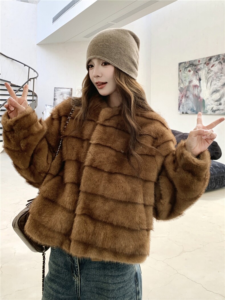 现货210-7705-P185-K268高端仿水貂立领皮毛一体外套女士,女装羊羔毛/颗粒绒,韩蜜菓