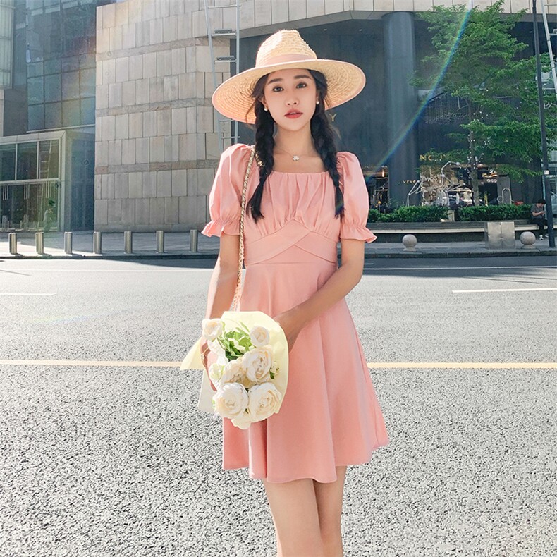 夏季新款小个子法式精致显瘦粉色泡泡袖连衣裙女182-8390P95K148,女装连衣裙,帛香坊