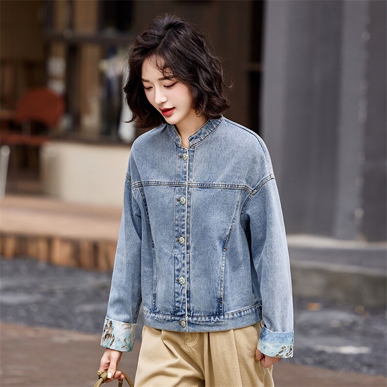 蓝色韩系休闲气质蕾丝拼接牛仔外套女2025早春新款小个子百搭夹克,女装短外套,靓衣阁